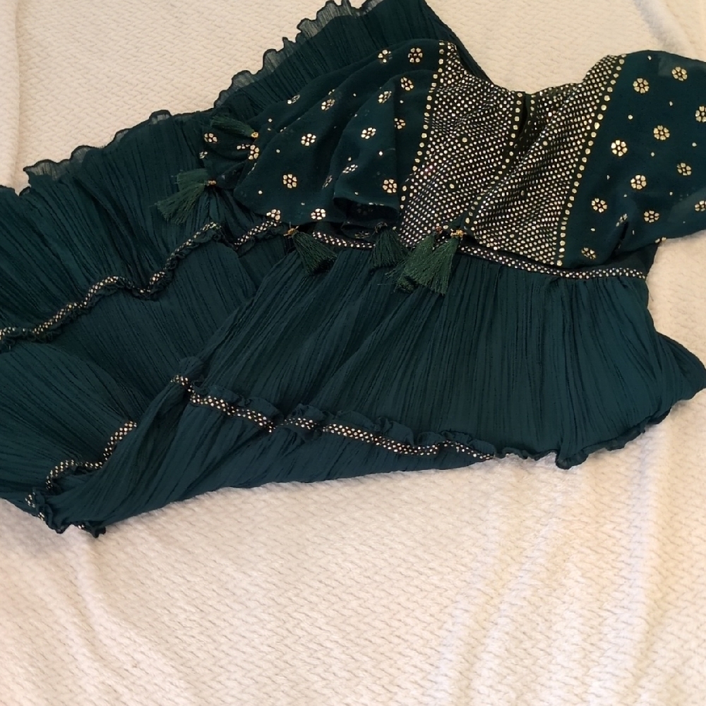 Formal Dress: Deep Green w/Gold Embellishments & Flowy Cape on Modest Sleeveless - Picture 8 of 16